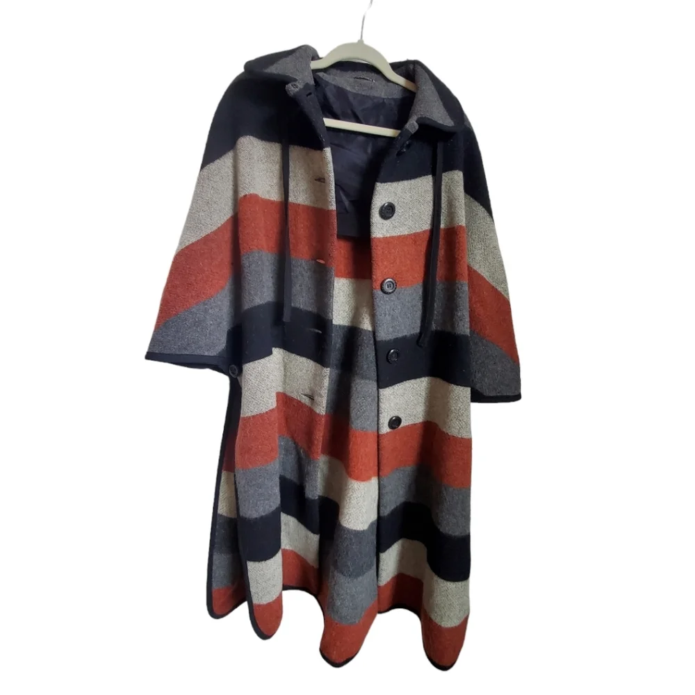 Vintage 1960's Bickler Gray and Rust Wool Blanket Cape Coat Made in England - Picture 4 of 17